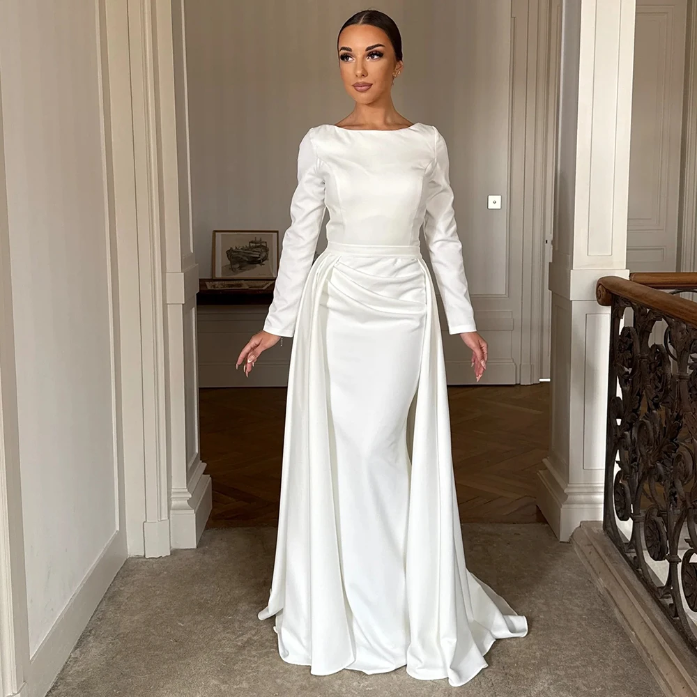 

Dubai White O-Neck Long Sleeves Evening Dress Saudi Arabia Customized Pleats Side Train Jersey Formal Occasion Saudi Party Dress