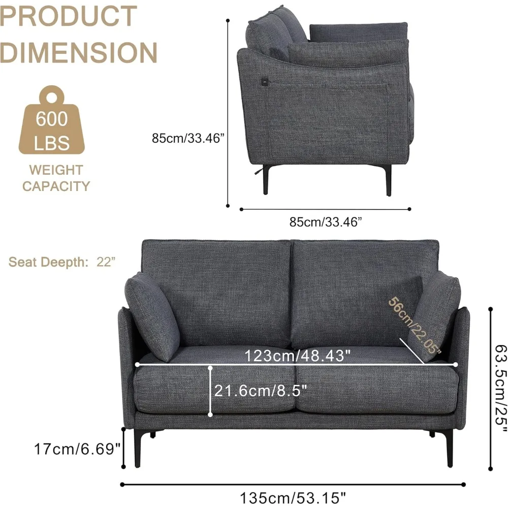 أريكة Loveseat، أريكة Loveseat حديثة بتصميم بسيط لمنتصف القرن مع منفذ شحن USB، أريكة صغيرة بمقعدين مع وسادتين، ساق معدنية #2