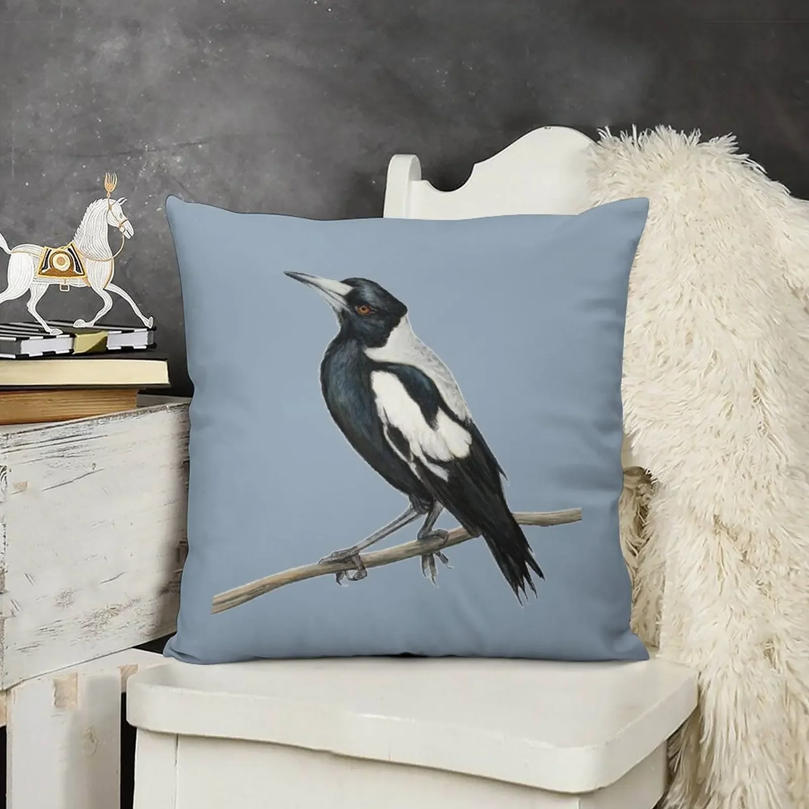 Magpie art, Australian Magpie bird, bird art, drawing, Australiana, black and white Throw Pillow Luxury Pillow Cover pillow