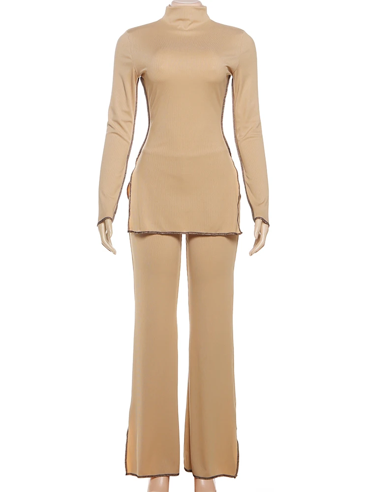Kliou Stile Casual Set da 2 pezzi Dolcevita da donna Manica intera T-shirt con spacco laterale + Pantaloni lunghi solidi a vita alta Abiti semplici alla moda