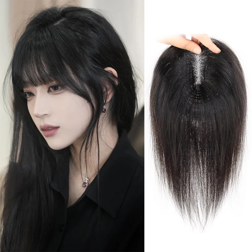 

Hair Toppers for Women Real Human Hair,Hair Toppers for women With Bangs,Pure Hand-Tied Silk Mesh Base with 4 Clips