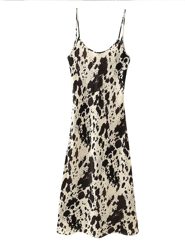ヒョウホルタードレスアニマルプリント V ネック背中の開いたサテンサスペンダーローブルーズ痩身休暇ビーチキャミソールロングドレス