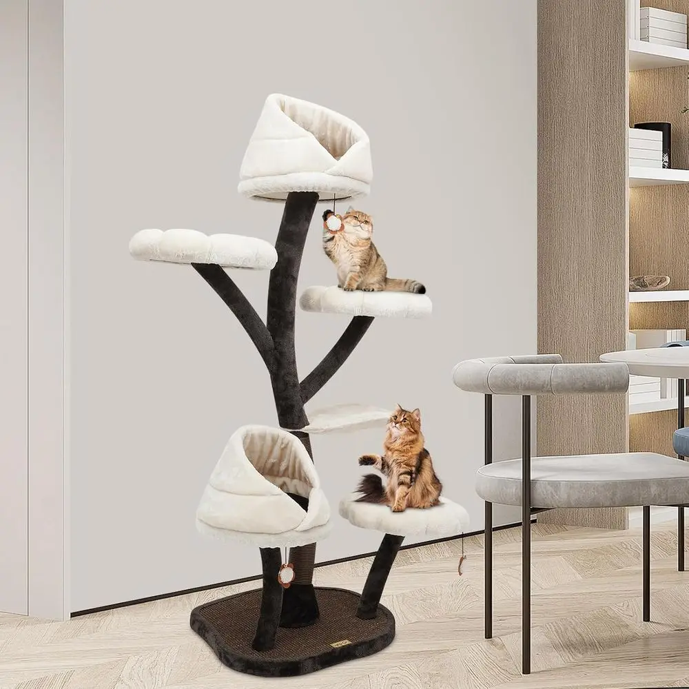 

64 Multi-Level Cat Tree with Sisal Scratching Post and Plush Balls, Large Kitty Playground in Brown & White