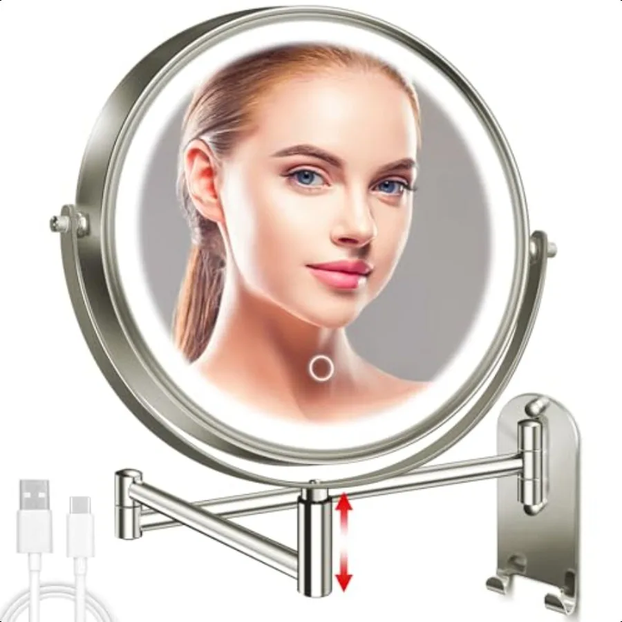 

8 Wall Mounted Lighted Makeup Mirror 3000mAh Rechargeable Double Sided 1X 10X Magnifying Mirror with Hook 3 Color Lights Touch