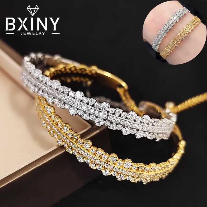 

BXINY Luxury 100% S925 Silver Lace Bangles for Women Adgustable High Carbon Diamond Open Bracelets Engagement Gifts Fine Jewelry