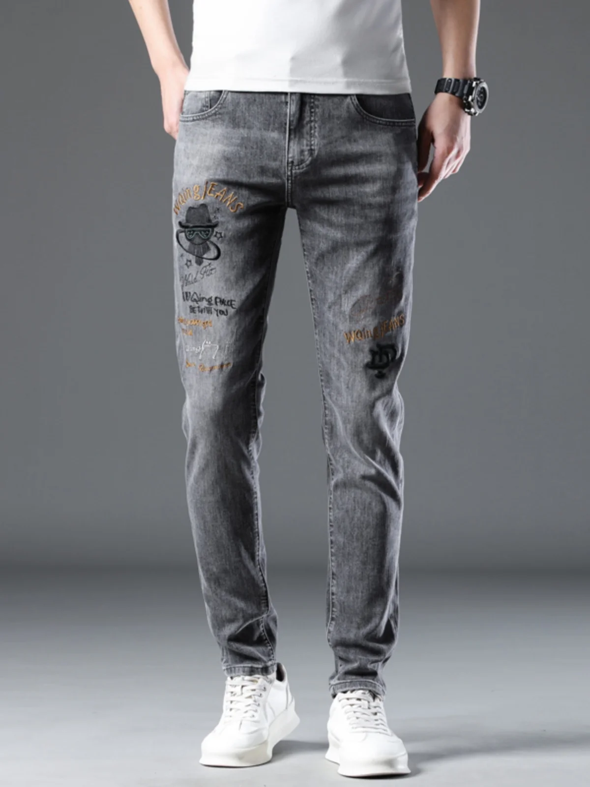 

High-End Embroidered Slim Fit Casual Jeans for Men Trendy Spring Autumn Cotton Stretch Denim Youthful Wear Resistant Straight...