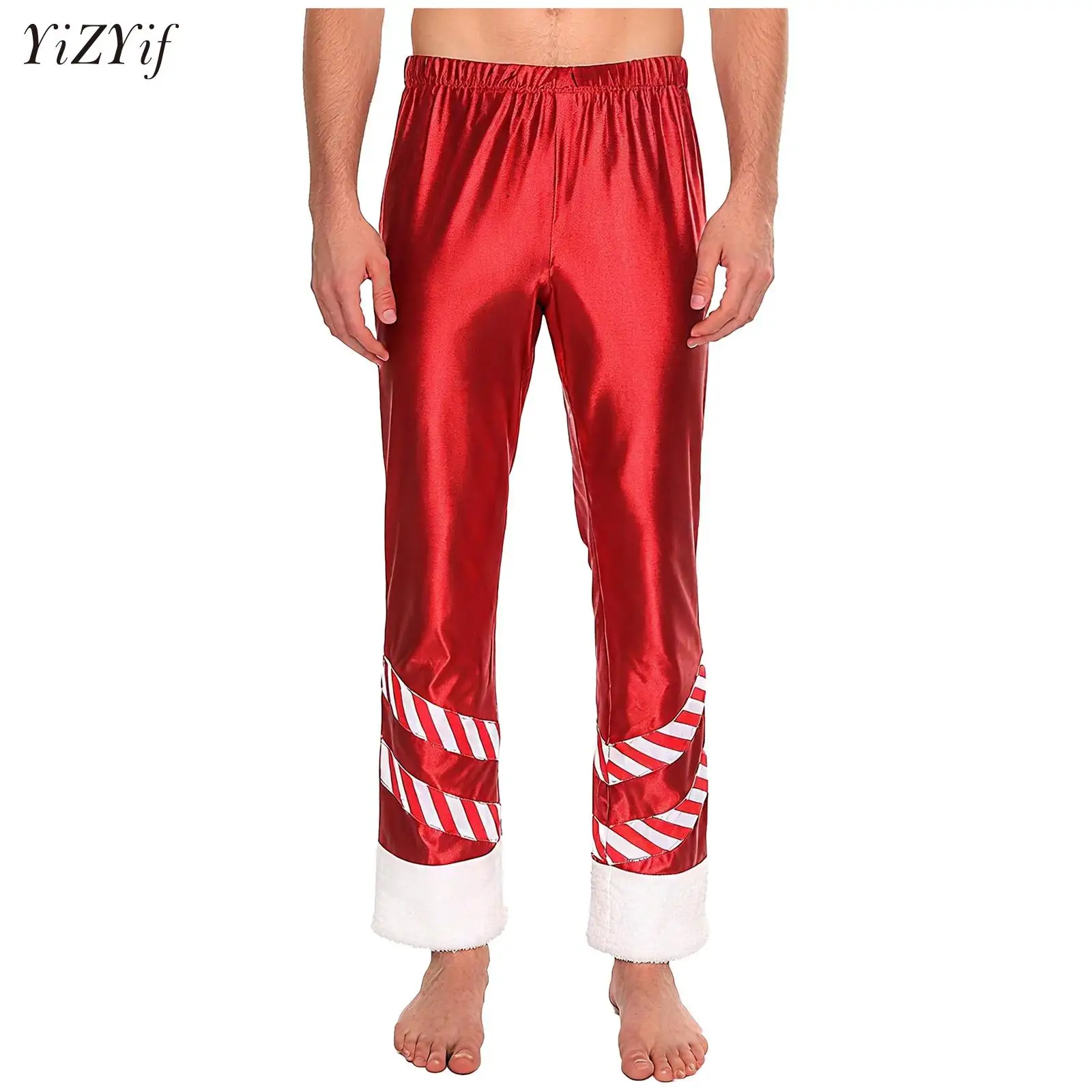 

Mens Metallic Shiny Wide Leg Pants Elastic Waistband Striped Plush Leg Openings Loose Long Pants for Santa Claus Cosplay Party