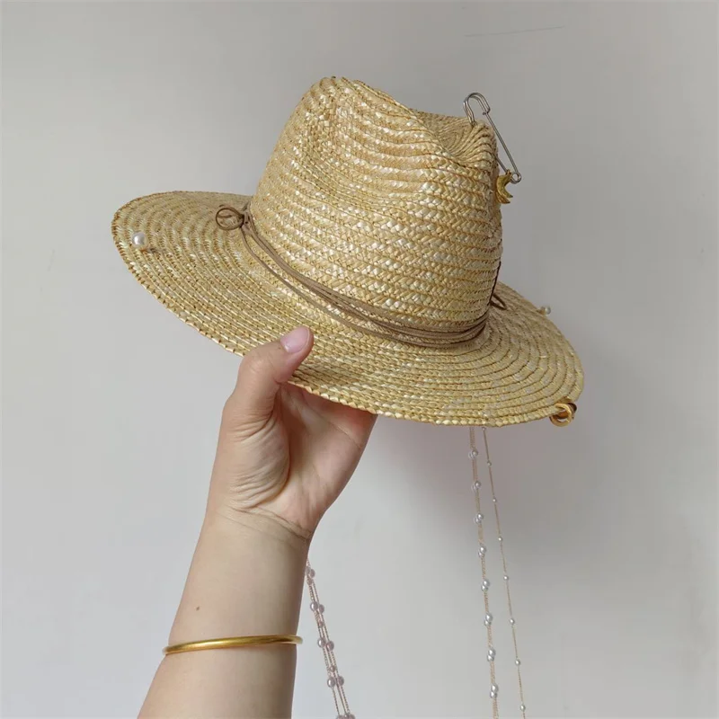 Sombrero de paja con cadena Punk para hombre y mujer, gorra de Jazz DIY, sombrero de sol con letras coreanas, sombrero de playa, Color caramelo