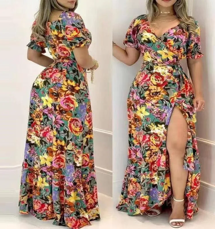 Long Dress Woman Streetwear Spring and Summer 2024 Fashion Versatile Elegant Short Sleeved Printed V-neck Waist Tied Dresses