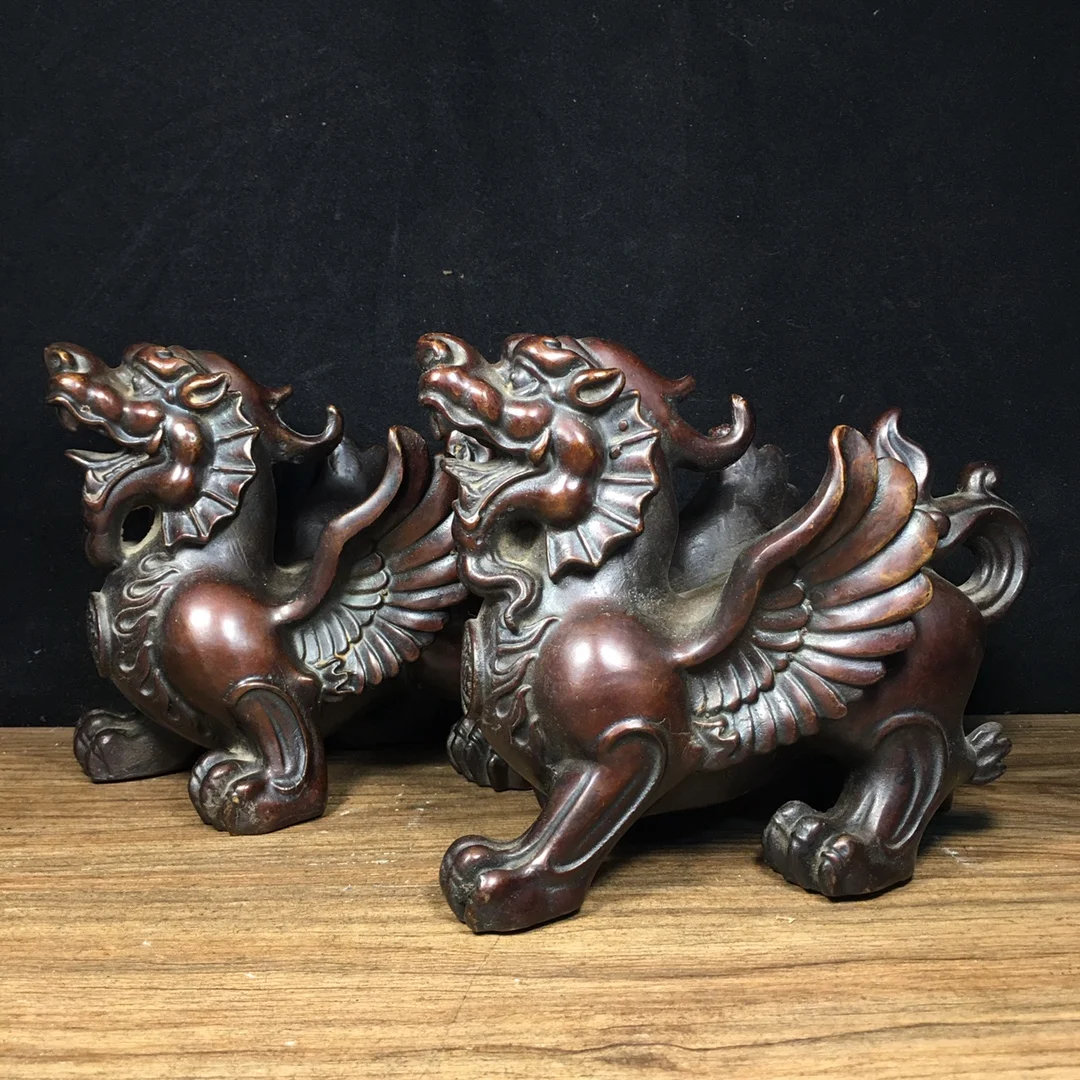 

8"Tibetan Temple Collection Old Bronze Gilded Cinnabar Brave Troops Statue Unicorn A Pair Amass wealth Ornaments Town house