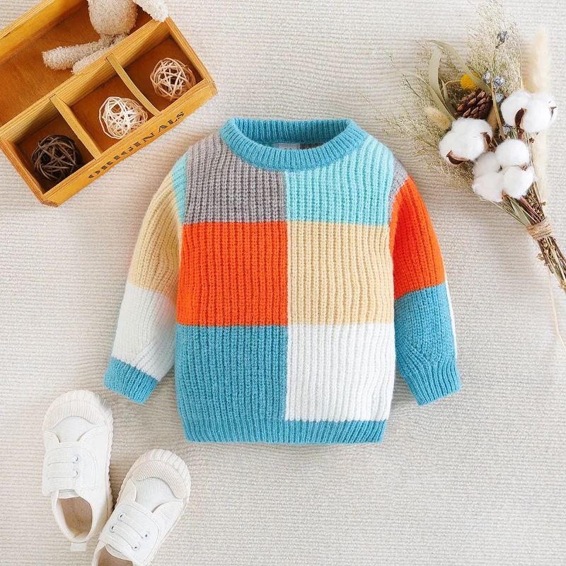 

Autumn Kids Baby Boys Girls Knitted Sweater Casual Warm Contrast Color Long Sleeve Pullovers Knitwear 1-6Y Fall Clothes