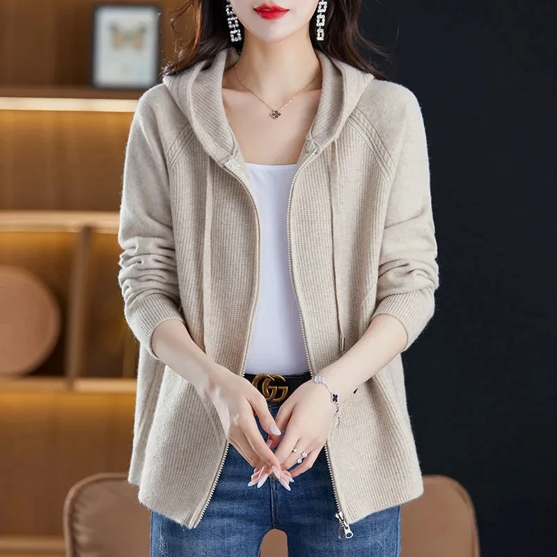 Spring Autumn Knitted Sweater Cardigan Jacket Women Solid Hooded Zipper Sweater Coat Female Knitwear Casual Tops Female Jackets