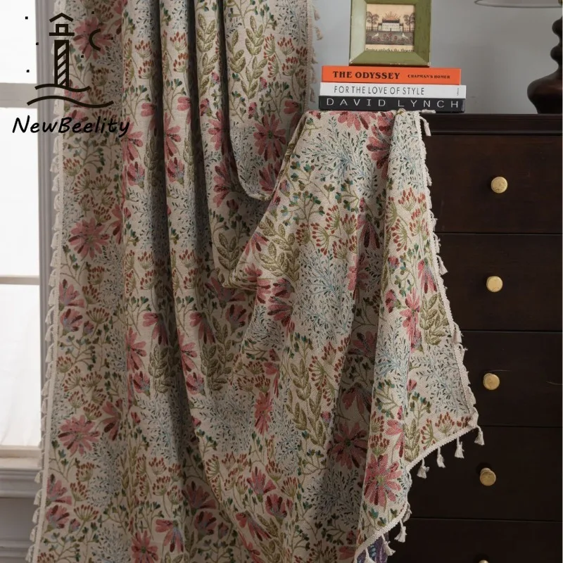 

French Retro Pink Jacquard White Tassel Decorate Semi-Blackout Bay Window Curtains for Living Dining Room Bedroom Custom Size