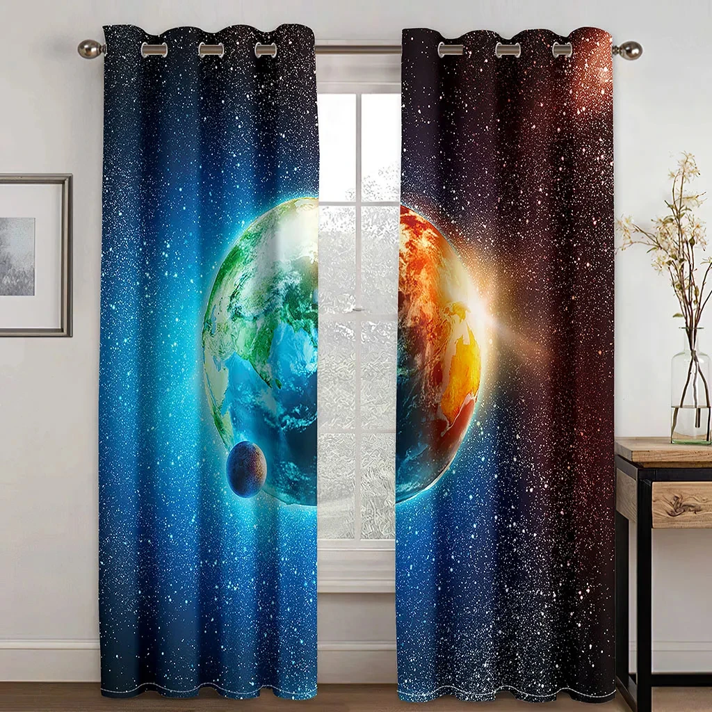 

3D Print Cartoon Space Galaxy Star Pattern Thin Semi-Shading Window Curtain for Kid Childern Boy Bedroom Living Room Home Hook