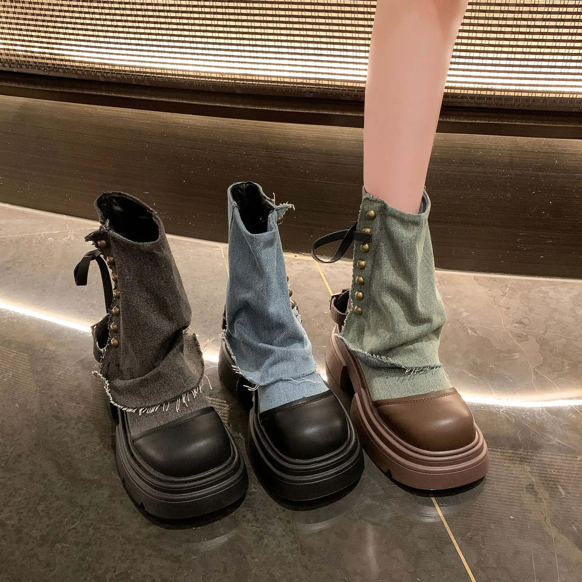 Women Boots British Fashion Pants Leg Boots New Thick Soled Rivet Zipper Belt Buckle Platform Anti Slip Cowboy Short Boots view 3