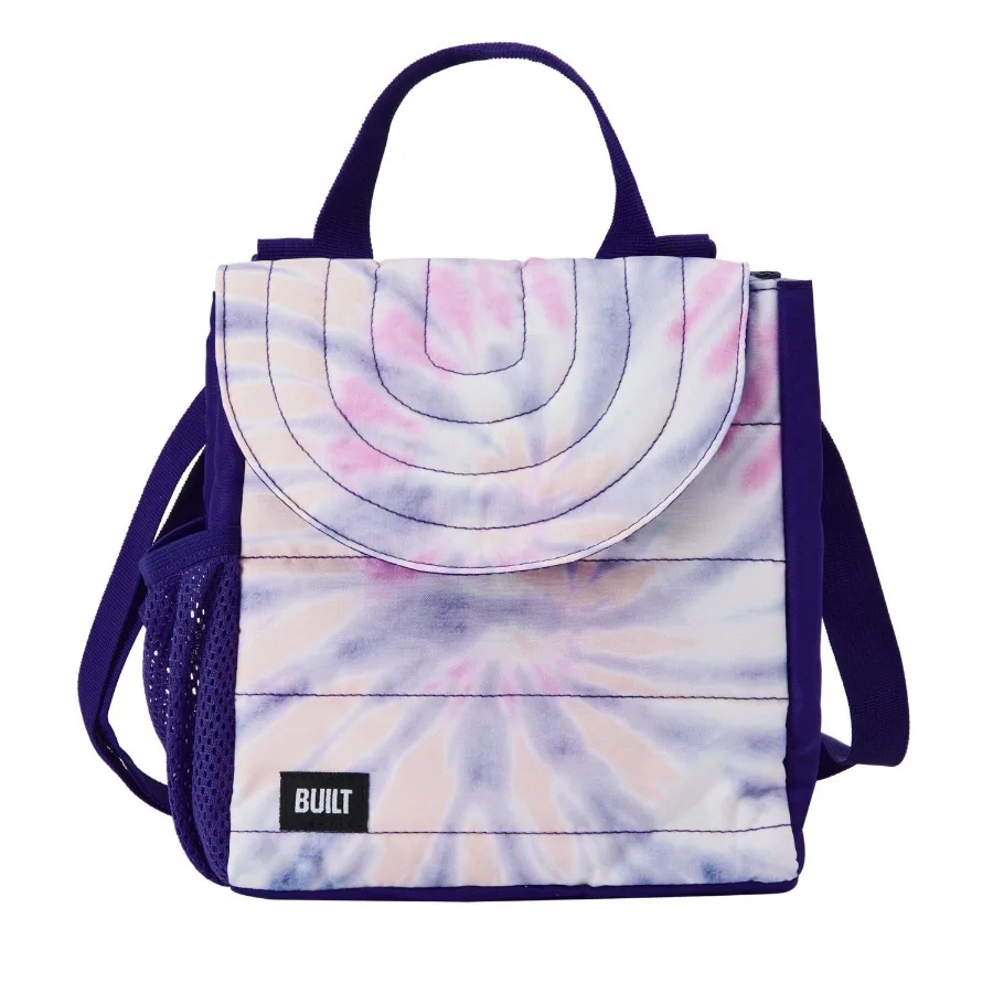 

Insulated Reusable Polyester Lunch Box Puffer Bag with Side Pocket, Tie Dye Purple