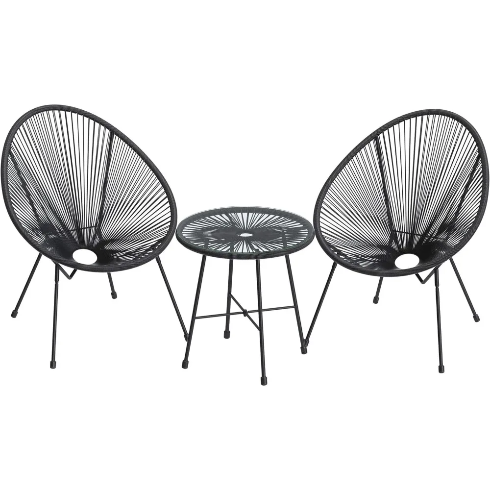 3-Piece Seating Acapulco, Modern Patio Furniture, Glass Top Table and 2 Chairs Indoor and Outdoor Bistro Set,OneSize,Black