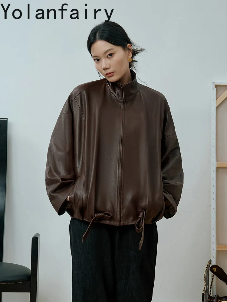 YOLANFAIRY Genuine Leather Jacket Women High Quality 100% Top Layer Sheepskin Real Leather Coat Woman Vintage Short Clothes