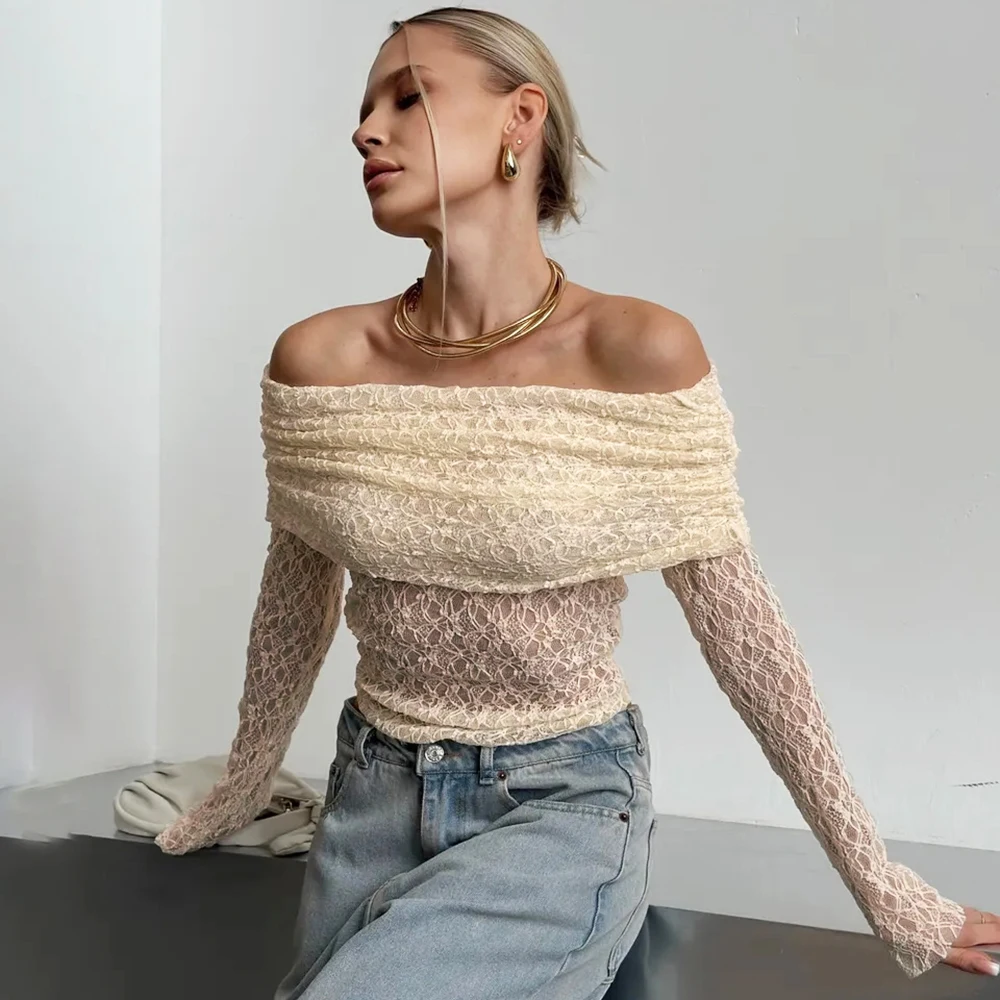 Tuularose Sexy One Shoulder Top Women Fashion Hollow Out See-Through Pleated Lace Top Elegant High Street Party Slim Female Tops