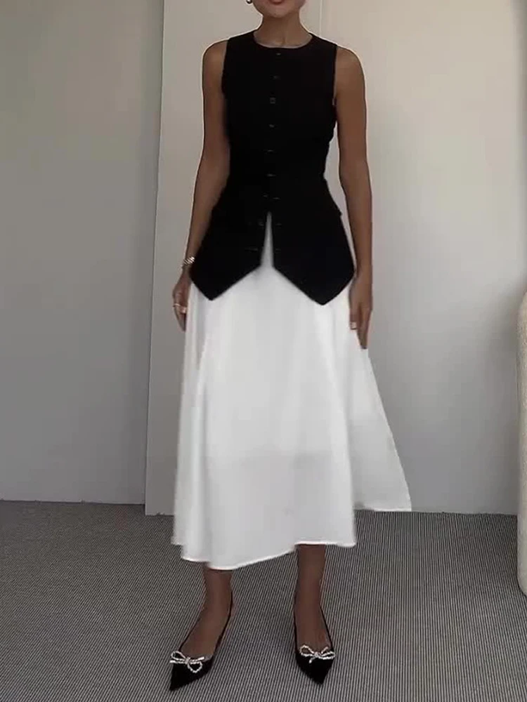 

Summer Casual Women's Simple Two Piece Fashion Sleeveless Button Vest&Half Skirts Set Chic Color Blocked Pleated Commute Outfits