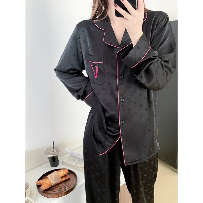 Embroider Letter Home Clothes Female Pajamas Suit 2Pcs Outfit Long Sleeve Homewear Casual Nightwear Satin Sleep Set Pyjamas