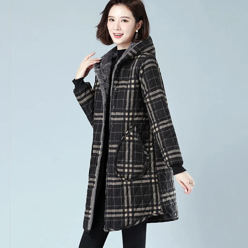 Women\'s Plaid Long Hooded Parka, Quilted Jacket, Winter Overcoat, Plus Velvet, Thick, Casual, Cotton Clothing, New