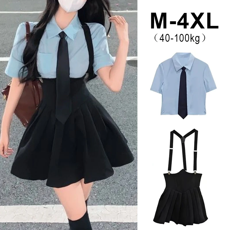 

Extra Large Preppy Style Retro Blue Shirt with Tie Sexy Outfit High Waist Corset Strap Pleated Skirt COS JK School Uniform Suit