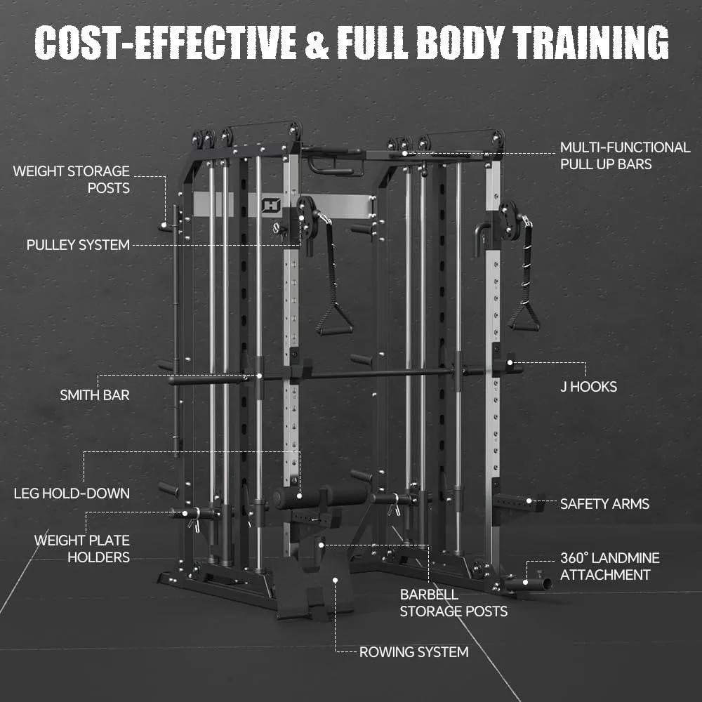 Smith-Maschine mit Langhantel, LAT-Pull-Down-Kabel-Crossover-System mit 1:1-Verhältnis, Multifunktions-Power-Rack mit Bein-Halterung