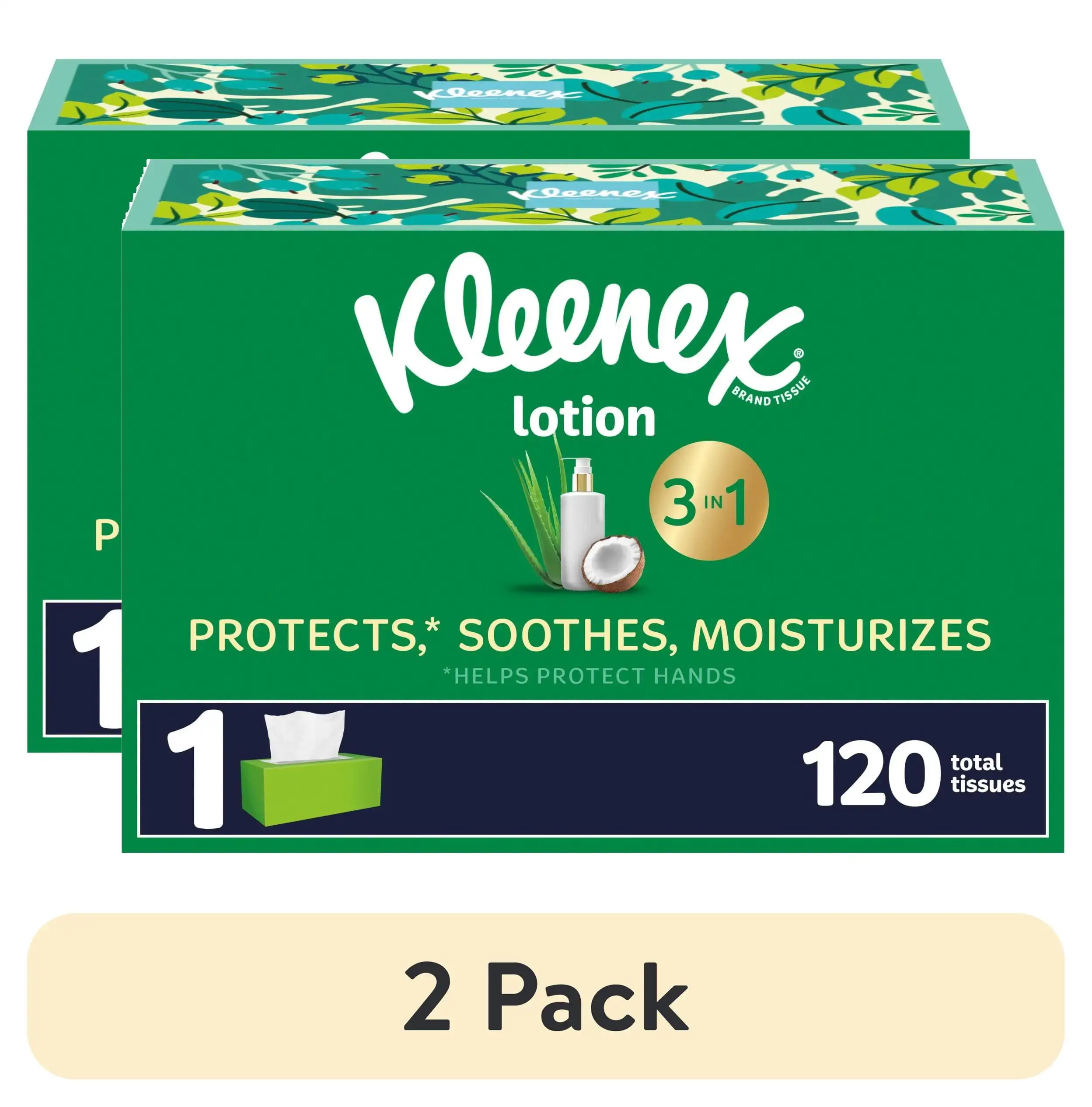 (Paquete de 2) Pañuelos faciales Kleenex Lotion con aceite de coco, 1 caja plana, 120 pañuelos por caja, 3 capas