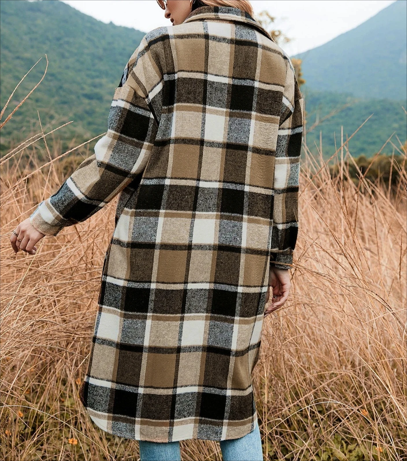 معطف قميص نسائي منقوش بأزرار أمامية وأكتاف منسدلة، كاجوال بأكمام طويلة وياقة وجيب قلاب، ملابس خارجية للخريف والشتاء