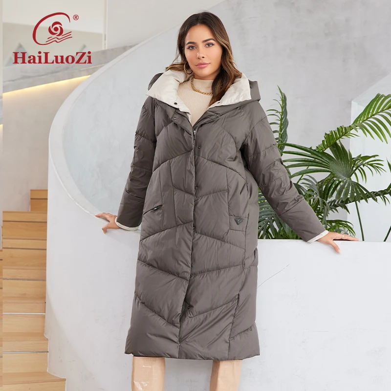 HaiLuoZi 2023 New Women\'s Down Coat Long Hood Warm Soft Female Outwear Solid Color Big Pocket Zipper Quilting Women Jackets 1106