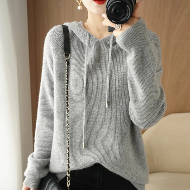 

Fall 2025 Women's Hooded Knitted Sweatirt Outerwear Wool Sweater Long Sve Thiened Loose Sle Top Snowy eep Brand