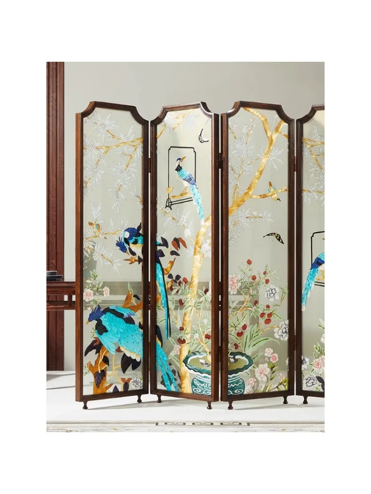 Handmade Enamel Color Living Room Magpie Flower and Bird Partition Light Luxury Office Red Oak Screen Mobile Folding