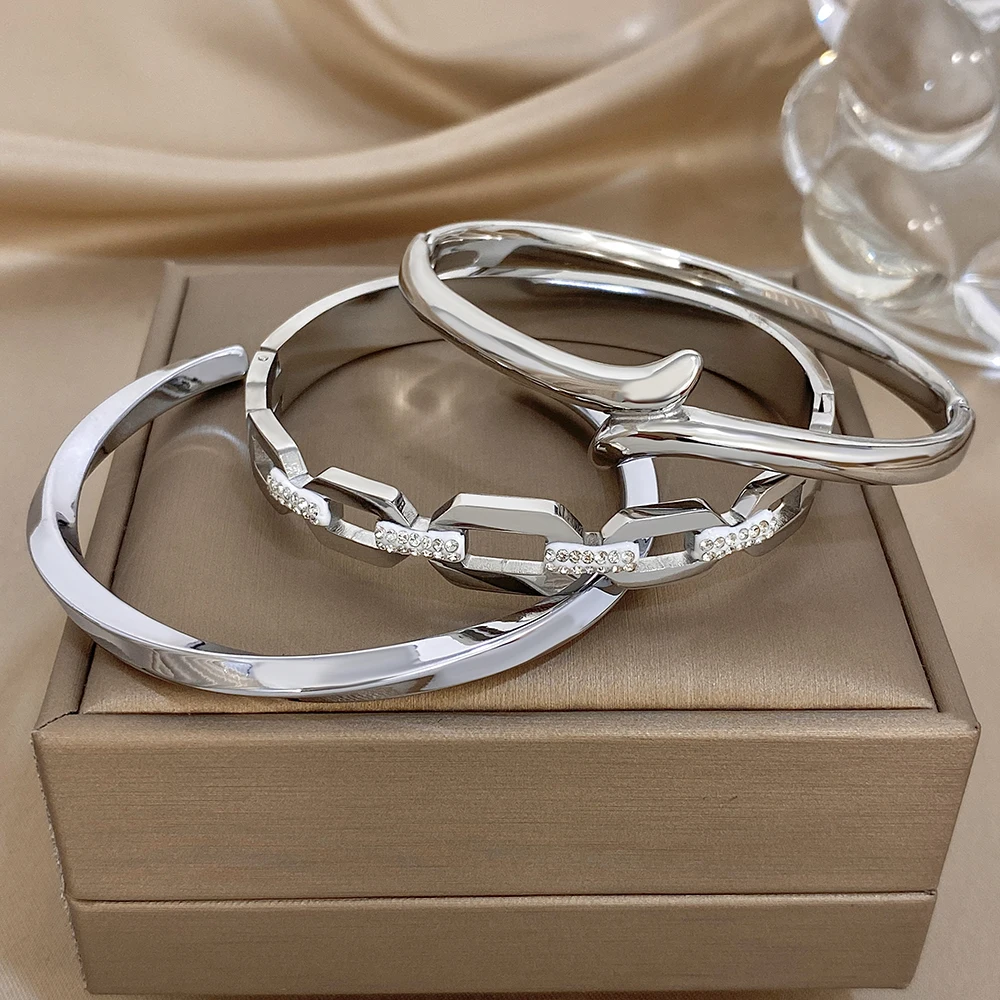 Greatera Tide Stainless Steel Ridged Cuff Bracelet Bangles for Women Men Gold Plated Link Chain Rhinestone Hollow Unisex Jewelry