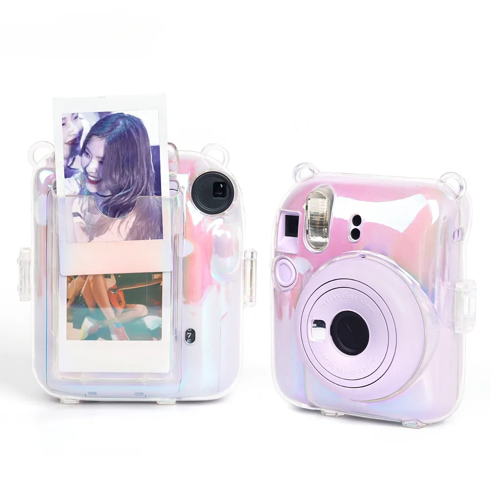 Casing transparan warna-warni untuk Fujifilm Instax Mini 12 Mini12 tas penyimpanan Foto cangkang pelindung kristal dengan tali