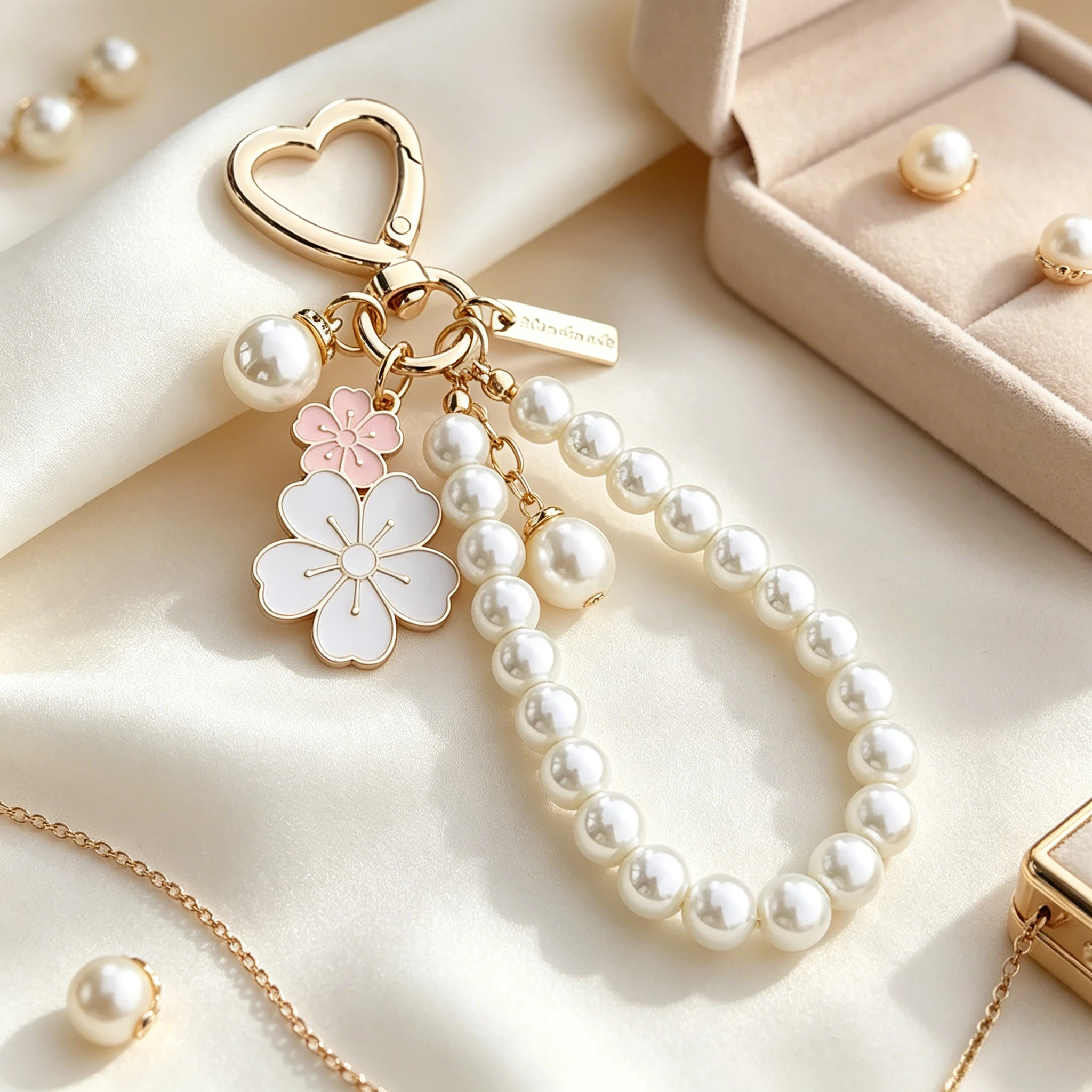 

Lovely Cherry Blossoms Fan Keychain Pearl Chain Pendant Women Car Key Ring For Headphone Case Charms Bag Decoration Fashion Accessories
