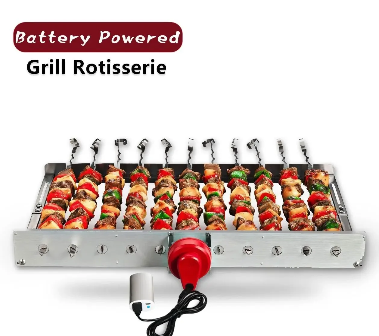 Portable Battery powered Grill Rotisserie  with 11 Skewers