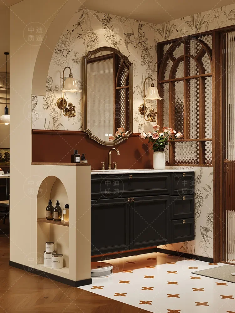 French retro light luxury rock slab ceramic seamless integrated basin oak bathroom cabinet combination washbasin customization