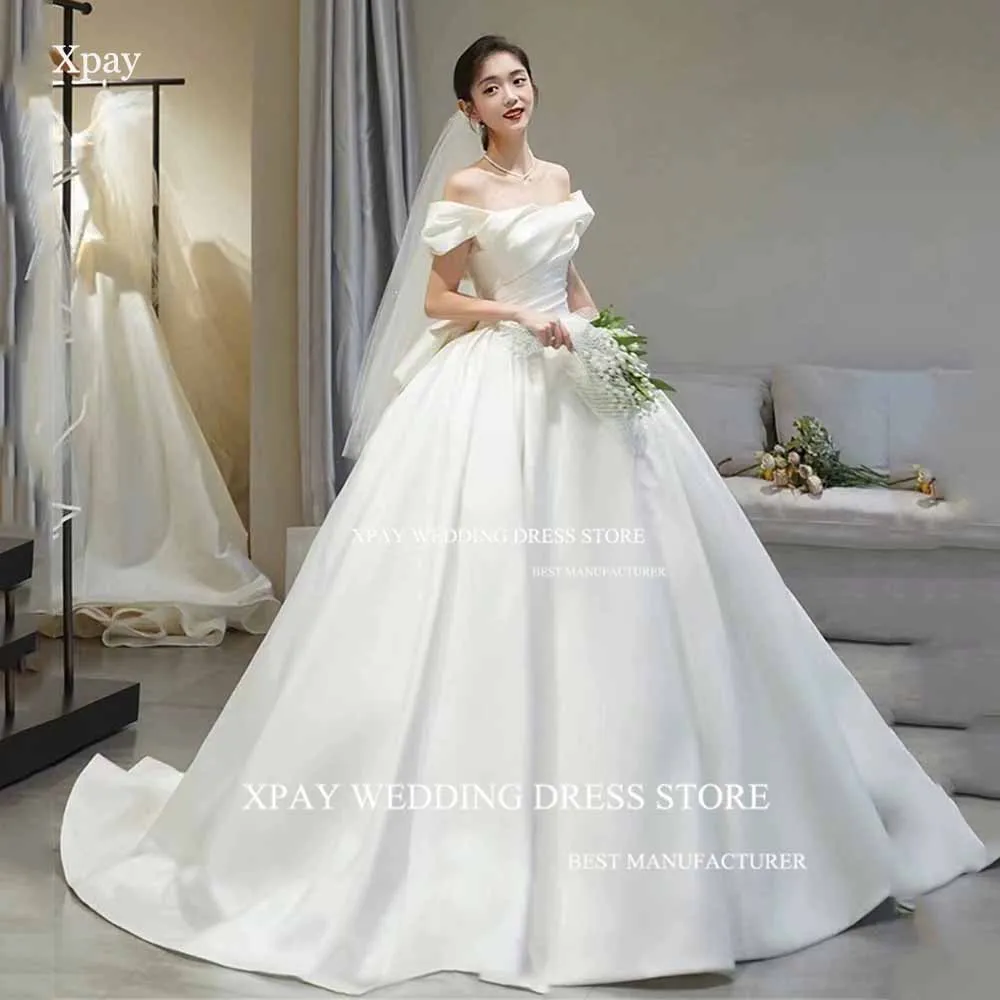 

XPAY Off Shoulder Korea Ball Gown Pleats Elegant Satin Short Sleeve Wedding Dresses Custom Corset Backless Puffy Bride Gowns