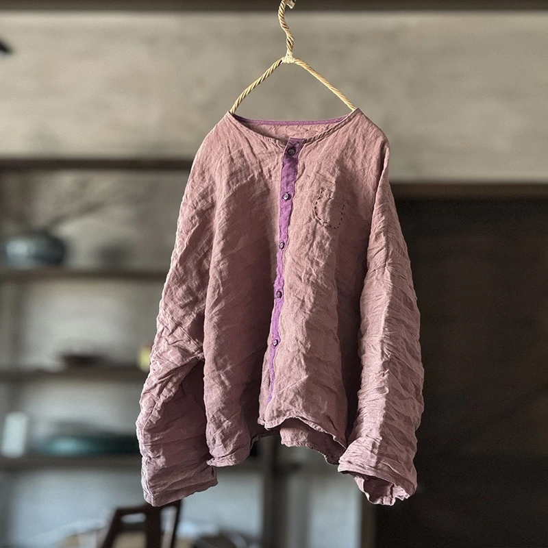 여성 긴 소매 리넨 셔츠 새로운 도착 2025 봄 빈티지 스타일 오-넥 느슨한 편안한 여성 캐주얼 탑 셔츠 T495