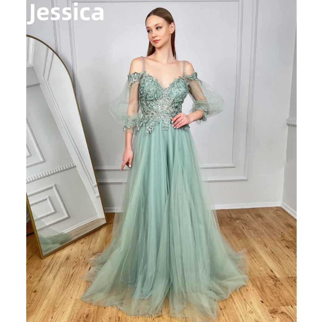 Jessica Light Green Embroidery Prom Dresses Tulle A-shaped Women's Evening Dresses Formal Wedding Party Dresses Robes De Soirée