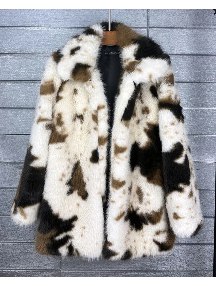 

ZADORIN 2025 Chic Mid Long Cow Pattern Fluffy Faux Fur Coat Woman Lapel Loose Winter Fur Coats Woman Furry Jacket Fur Faux Coat