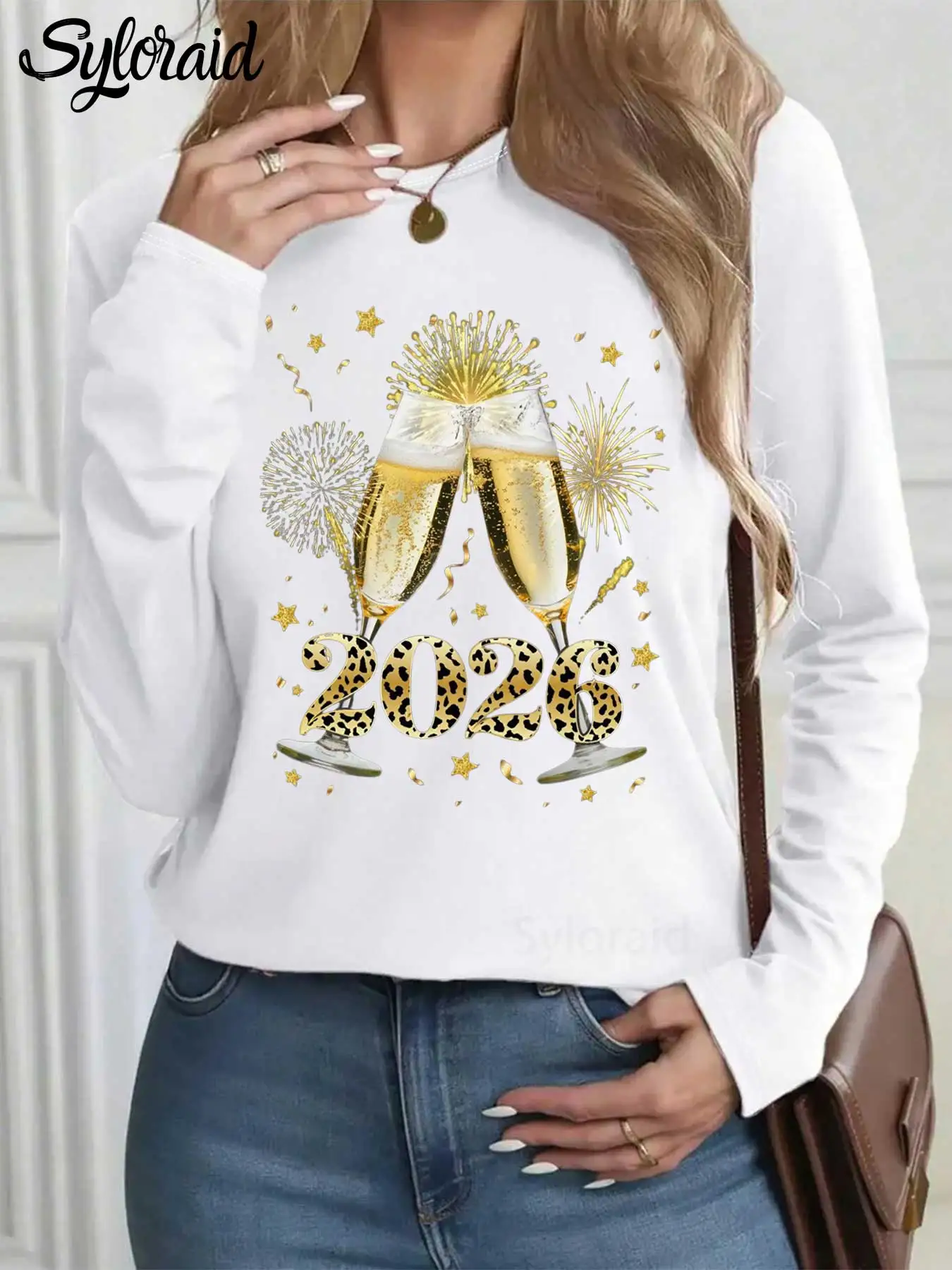 Damen-Langarm-T-Shirt, Neujahr 2026, goldenes Leopardenmuster-T-Shirt, modisches Rundhals-Casual-Top