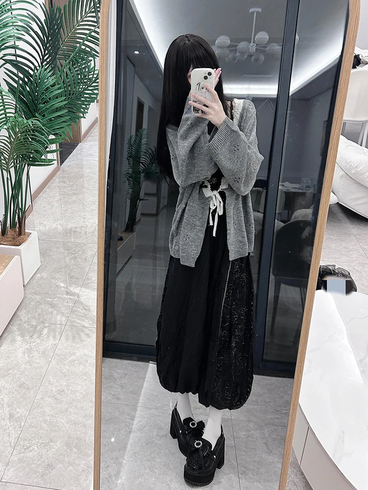 

Gray Checkered Casual Style Three-Piece Set plus Size Women's College Style Fashion Autumn Outfit Sweater Skirt Pants