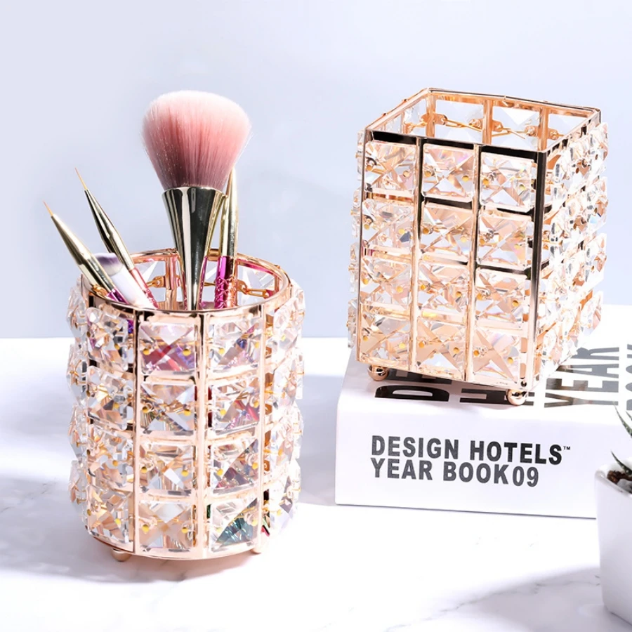 1pc Golden Crystal Makeup Brush Tools Holder Cosmetic Storage Collector Round Pencil Vase