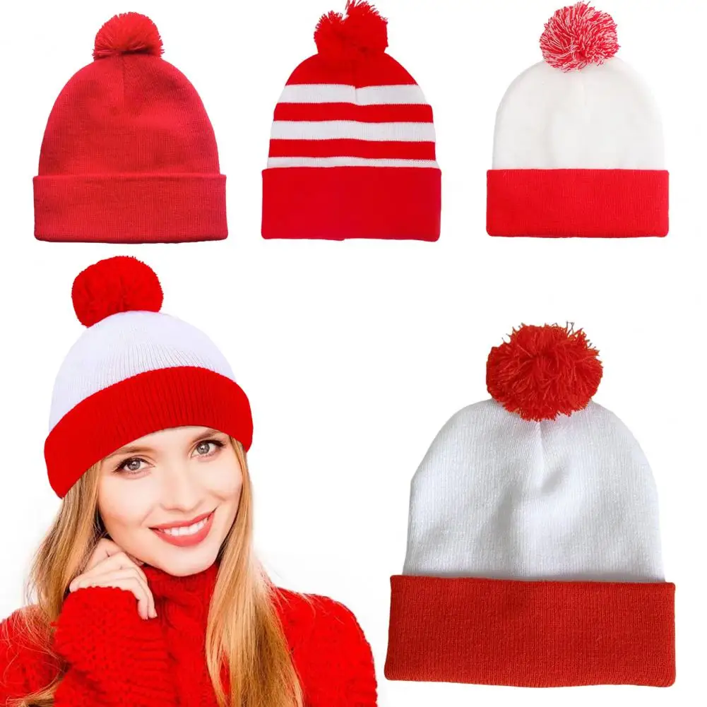 Acrylic Beanie Cozy Winter Knitted Hat with Pom-pom Folded Brim Double-layered Contrast Color Beanie for Christmas Headwear