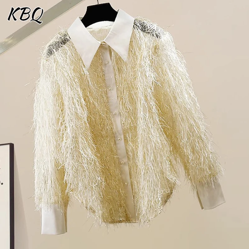 KBQ Solid Patchwork Tassel Chic Shirts For Women Lapel Long Sleeve Spliced Button Minimalist Casual Blouse Female Fashion New