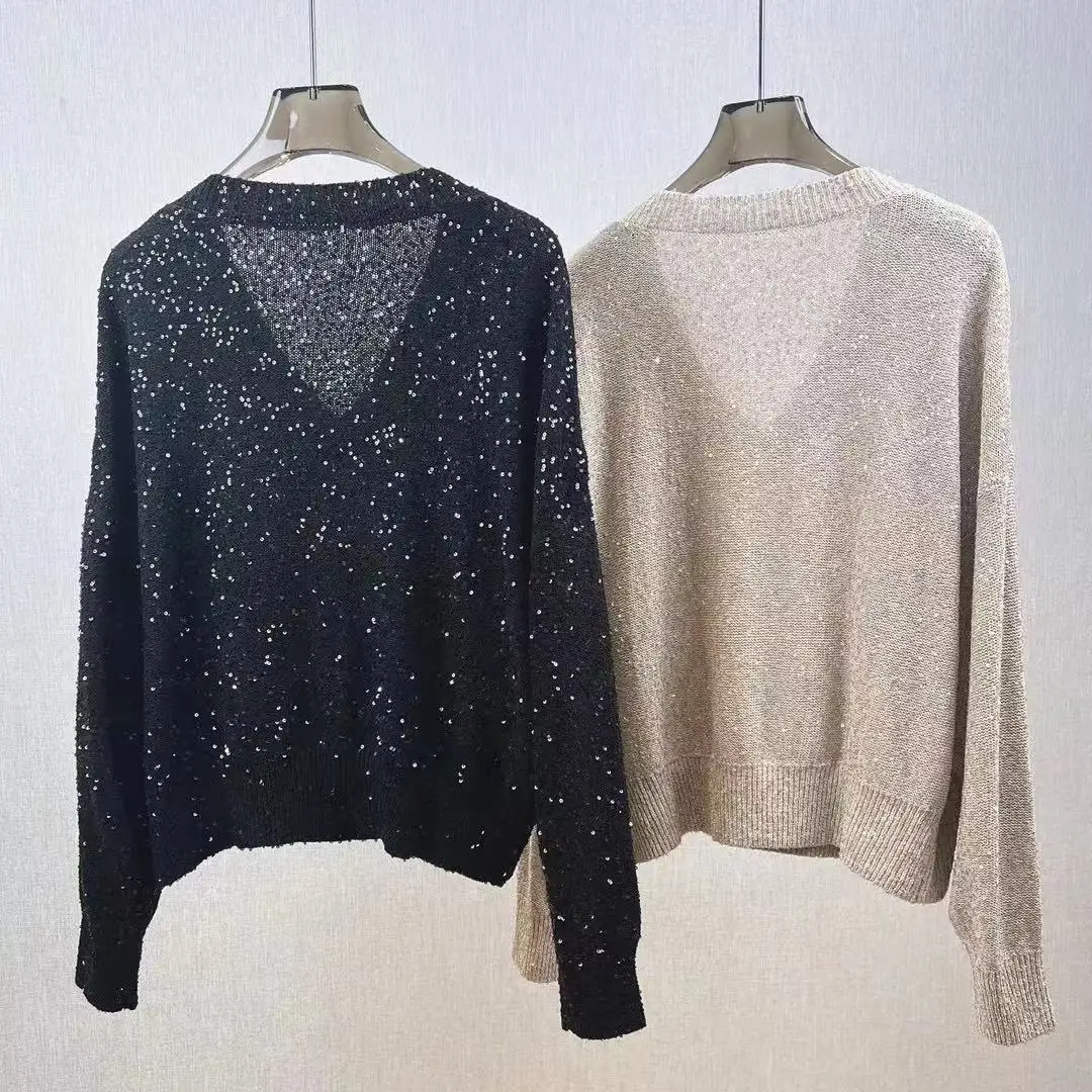 Pullover For Ladies 2024 New Spring Sequin V-neck Loose Casual Long Sleeve Knitted Sweater