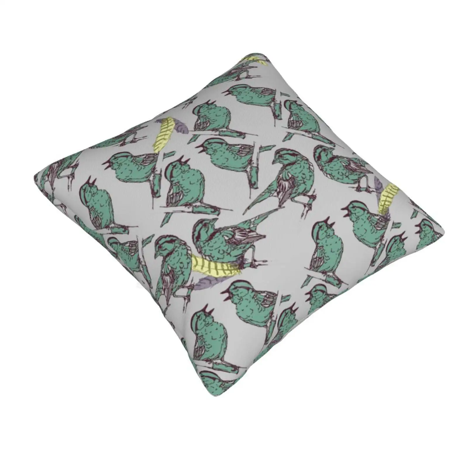 Little Birds Soft Comfortable Pillowcase Mint Blue Green Yellow Purple Grey Birds Sparrows Pattern Feathers