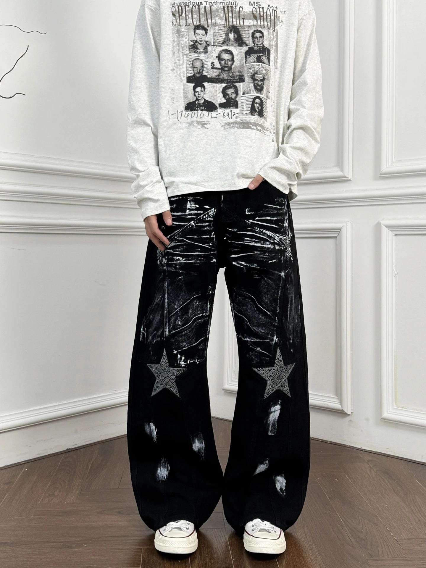 

American High Street Graffiti Five Pointed Star Men's Loose Wide Leg Jeans Trendy Brand Hip Hop Punk Style Cool Pants
